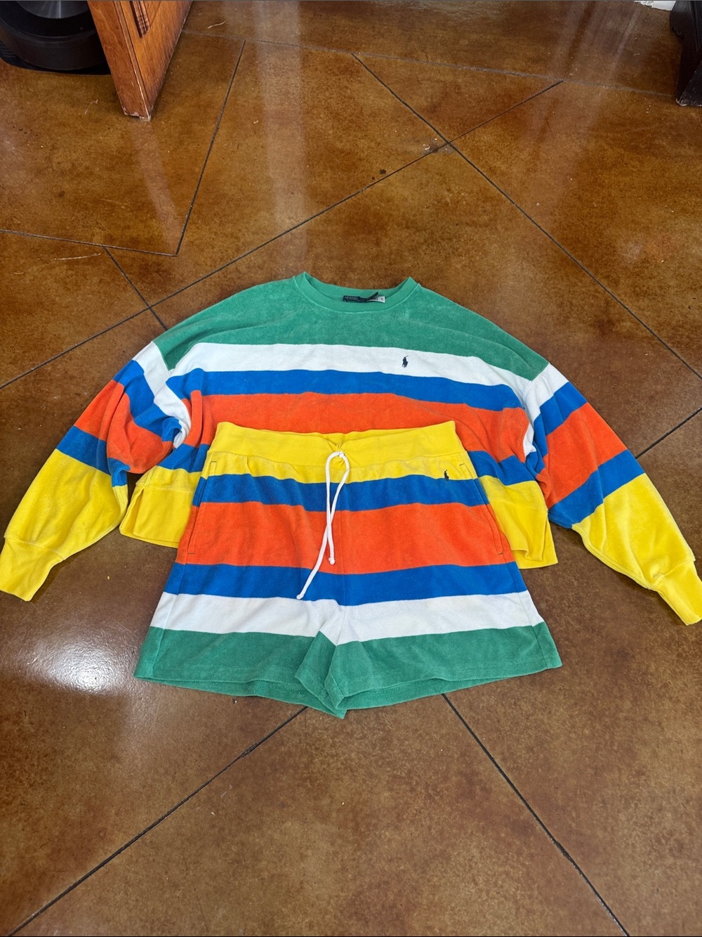 Ralph Lauren Green Blue Orange Yellow White Striped Crewneck Teri short set